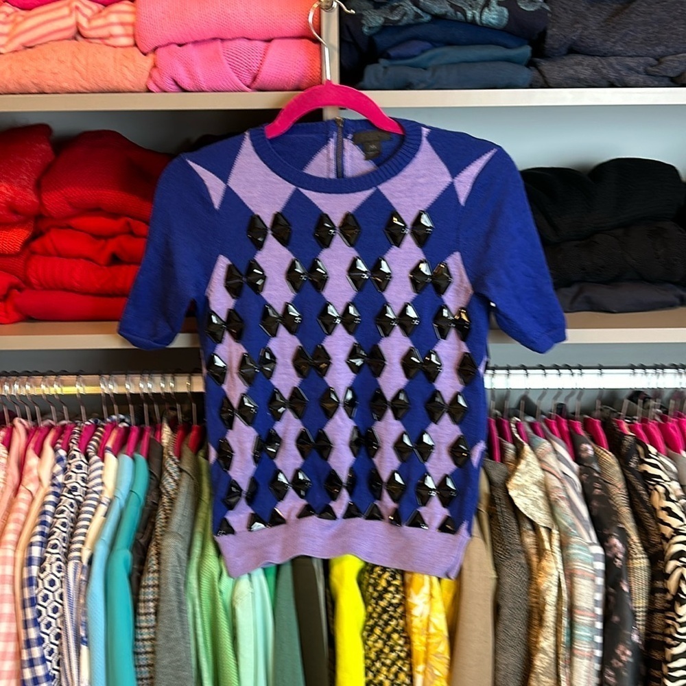 J Crew purple and blue with black stones short sleeve sweater size XS 100% wool